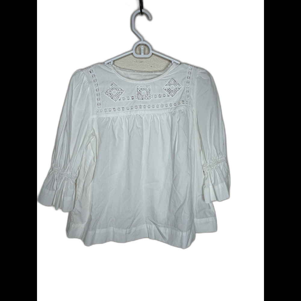 Anthropologie white Cotton Lace Eyelet Peasant Blouse Puff Sleeve Boho Shirt XS